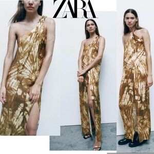 Zara khaki green tie-dye one shoulder maxi dress tropical bohemian vacation Sz L